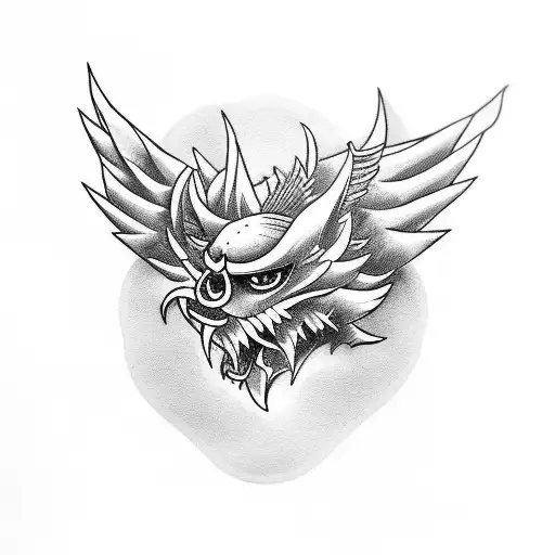 shoulder tatto of a tengu with traditional japonse clouds around in whipshading tattoo design idea
