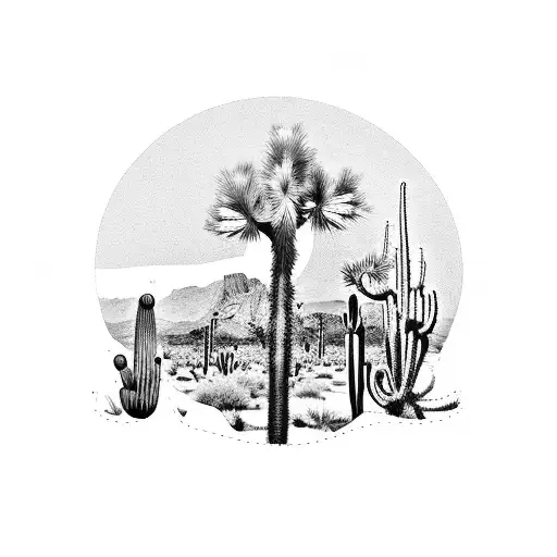 leg sleeve with joshua tree, yucca, creosote, ocotillo, saguaro, prickly pear cactus, palo verde tattoo design idea