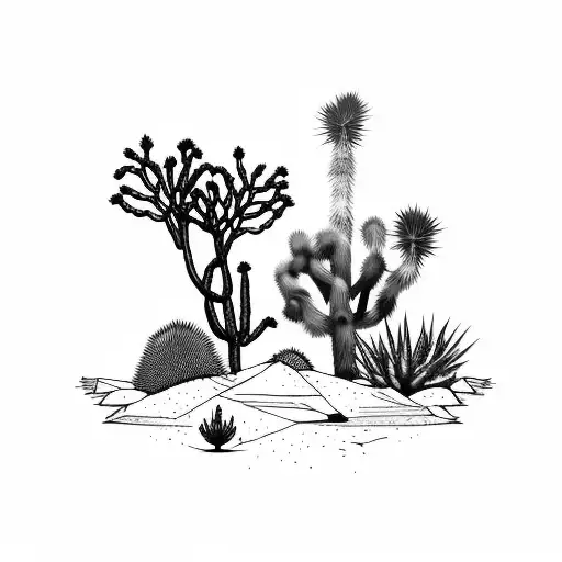leg sleeve with joshua tree, yucca, prickly pear cactus, palo verde tattoo design idea
