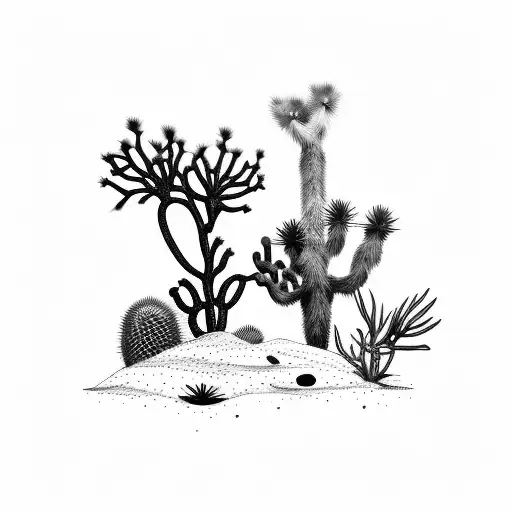 leg sleeve with joshua tree, yucca, creosote, ocotillo, saguaro, prickly pear cactus, palo verde tattoo design idea