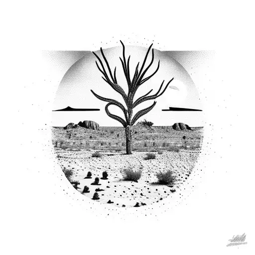 desert landscape with ocotillo, mesquite, desert tortoise, gila monster, big horn sheep, coyote, jackrabbit, roadrunner tattoo design idea