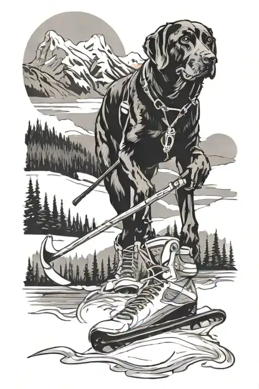 pond hockey, black lab, mountains, nipsey hussle  tattoo design idea