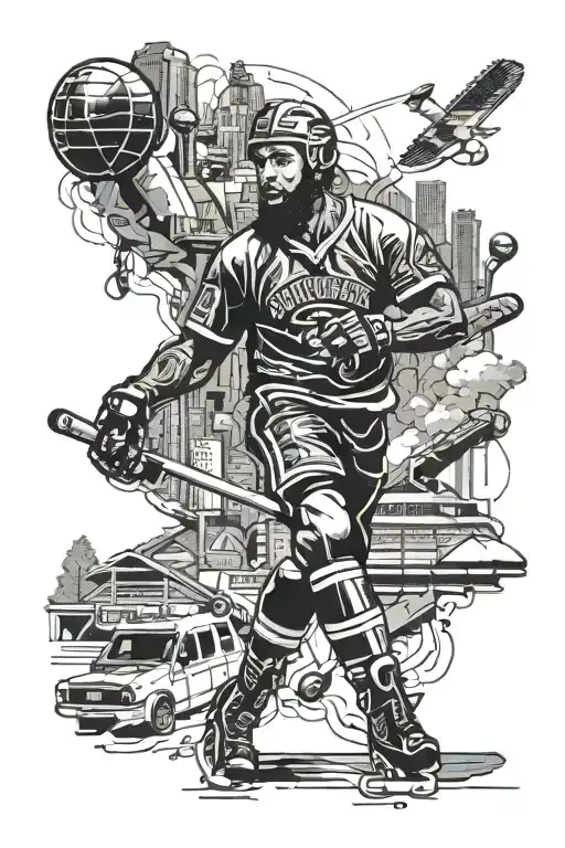 A detailed sleeve tattoo featuring elements of hockey, hiking, construction, and Nipsey Hussle's image, all interconnected in a cohesive design tattoo design idea