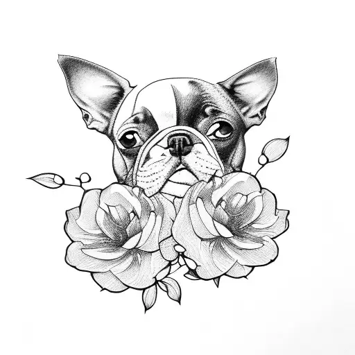 flowers with Boston terrier tattoo design idea