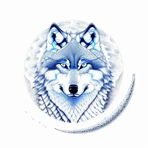 Wolf with blue eyes in front of the moon trees and a river tattoo design idea