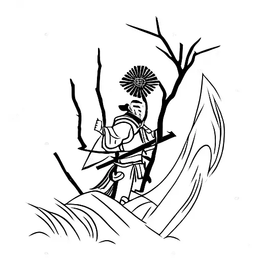 Silhouette of a Samurai kneeling on a black line commiting seppuku with red cherry blossom flowers instead of blood tattoo design idea