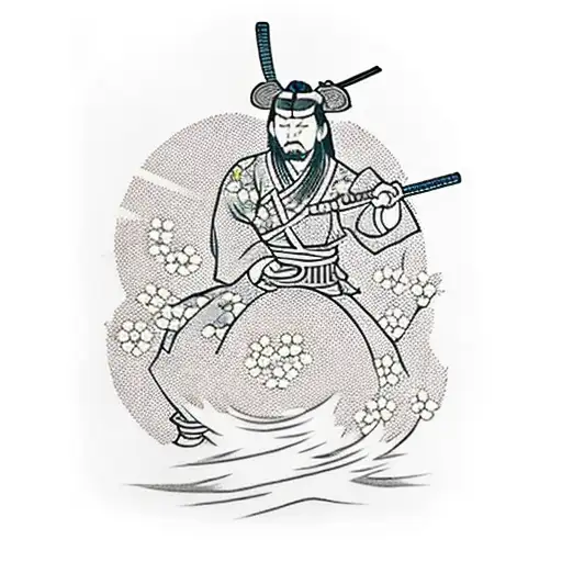 Silhouette of a Samurai kneeling on a black line commiting seppuku with red cherry blossom flowers instead of blood tattoo design idea
