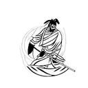 Silhouette of a Samurai kneeling on a black line commiting seppuku with red cherry blossom flowers instead of blood tattoo design idea