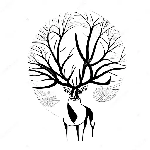 A minimalist tattoo of a serene forest landscape with a deer peacefully resting under a tree. tattoo design idea
