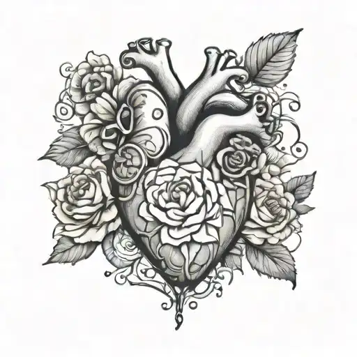 realistic heart and marigold flowers tattoo design idea