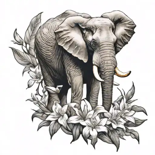 elephant with tiger lilies  tattoo design idea