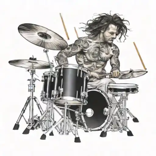 A realistic portrait of a famous drummer in action, capturing the intensity and passion of drumming tattoo design idea