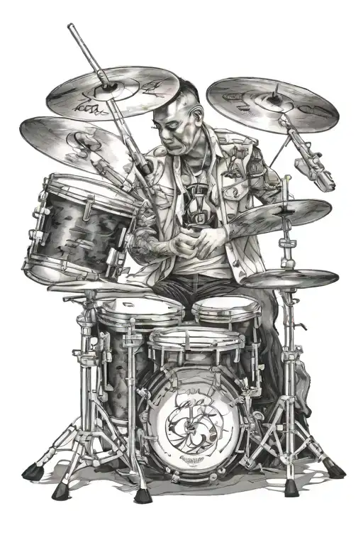 Combine realistic drum elements with a portrait of a famous drummer in a realism style tattoo tattoo design idea
