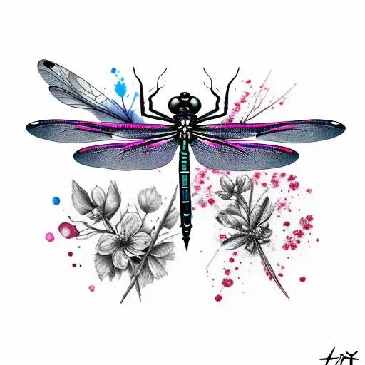 dragonfly death pain blood red pink grief chaos ink splatter cherry blossom tattoo design idea