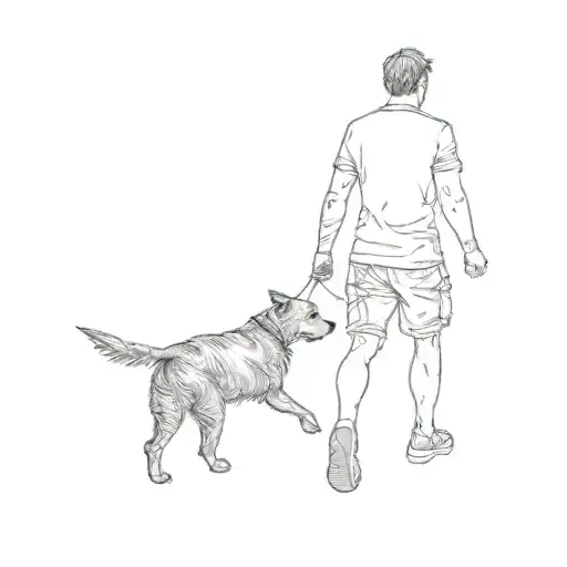 a man walking his dog near a river tattoo design idea