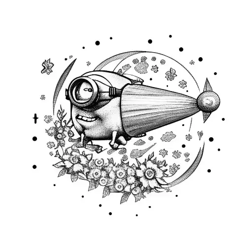 Minion riding a rocket ship surrounded by a galaxy of blooming flowers tattoo design idea