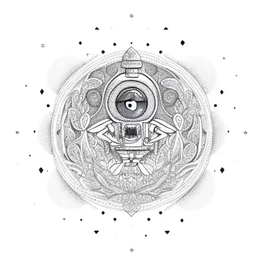 Moon made of intricate floral patterns with a Minion silhouette gazing at it tattoo design idea