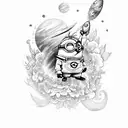 Minion riding a rocket ship surrounded by a galaxy of blooming flowers tattoo design idea