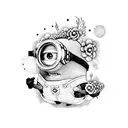 Minion riding a rocket ship surrounded by a galaxy of blooming flowers tattoo design idea