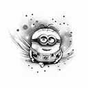 Minion riding a rocket ship surrounded by a galaxy of blooming flowers tattoo design idea