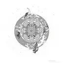 Moon made of intricate floral patterns with a Minion silhouette gazing at it tattoo design idea