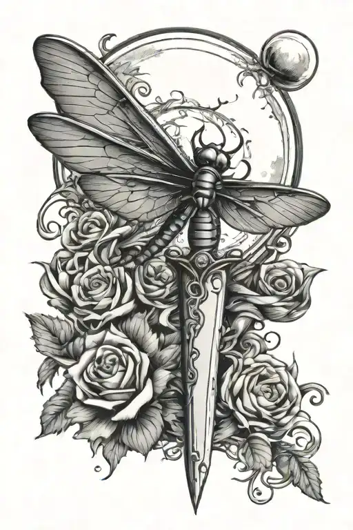dagger with dragonfly wanning cresent moon at the end of the handle tattoo design idea
