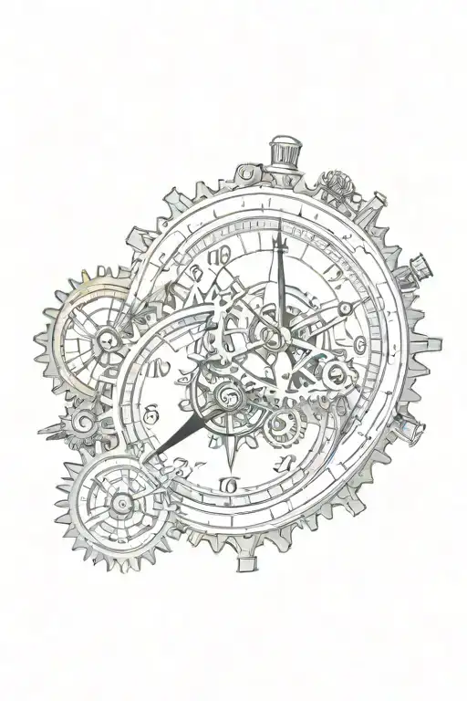 mechanical clock with gears and sprockets next to a compass with cardinal directions tattoo design idea