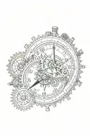 mechanical clock with gears and sprockets next to a compass with cardinal directions tattoo design idea