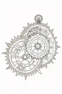 mechanical clock with gears and sprockets next to a compass with cardinal directions tattoo design idea