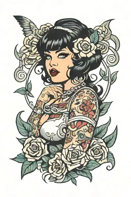 Chubby pinup girl with black hair and bangs, septum piercing  tattoo design idea