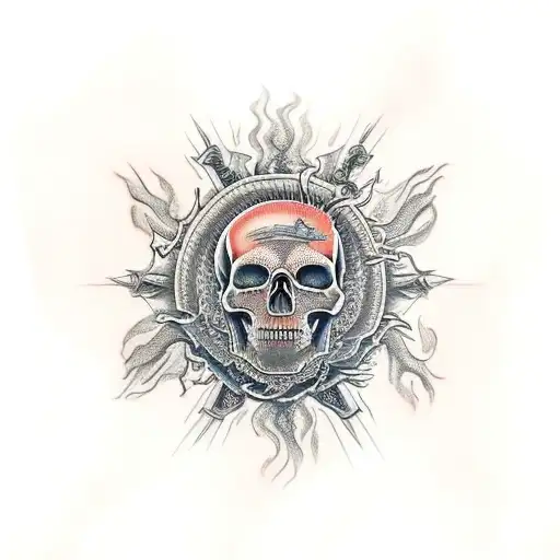 fire on crown of skull tattoo design idea