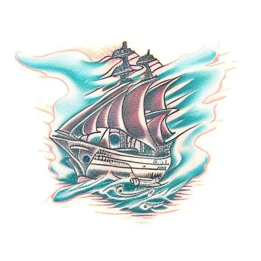 burning ship tattoo design idea