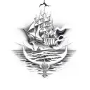 burning ship tattoo design idea