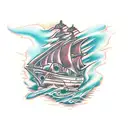 burning ship tattoo design idea