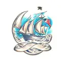 burning ship tattoo design idea