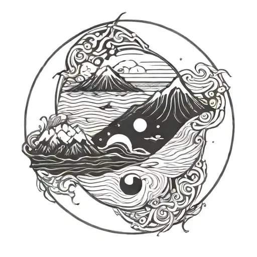 Yin Yang  circle earth water mountains ocean  tattoo design idea