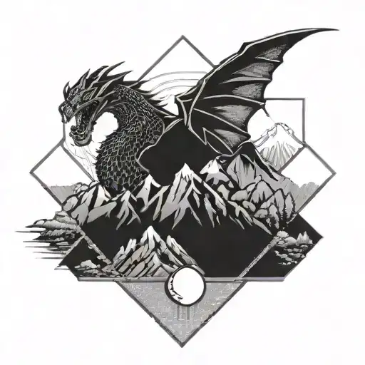 fine line hexagon with with mountains a crescent moon and a dragon  tattoo design idea