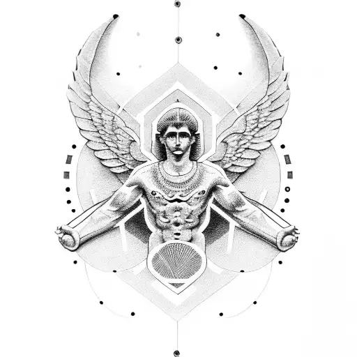 A dotwork tattoo featuring a geometric representation of the Greek god Hermes with a Caduceus intertwined tattoo design idea