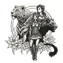 Gothic warrior woman with lioness companion standing in a field of blooming lotus flowers tattoo design idea