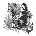 Gothic warrior woman with lioness companion standing in a field of blooming lotus flowers tattoo design idea