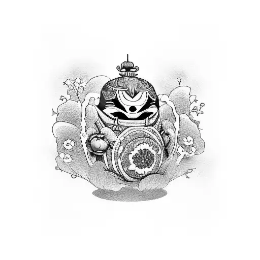 tatuaje manga completa  japonés tradicional con flores , un daruma rojo, contornos negros , agua y vientos tradicional  tattoo design idea