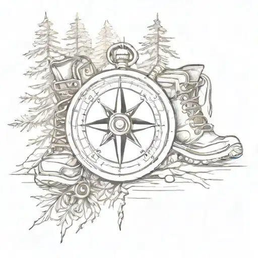 A sketch style tattoo of a compass surrounded by pine trees and hiking boots tattoo design idea