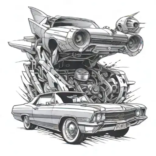 Create a tattoo of a 1964 Buick Rivera transformed into a futuristic vehicle on a black-grey background tattoo design idea
