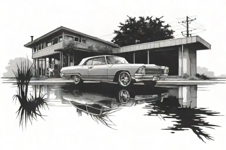 Incorporate a 1964 Buick Rivera into a rooftop landscape scene tattoo design idea