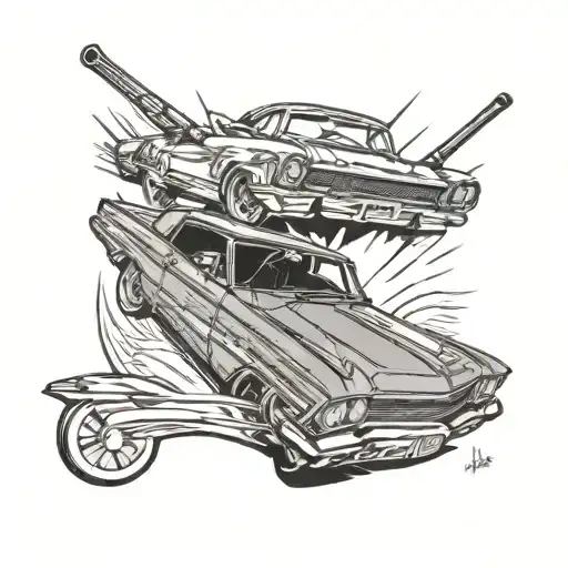 Combine a traditional roofing hammer with vintage car elements like the 1964 Buick Rivera tattoo design idea