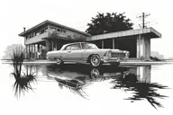 Incorporate a 1964 Buick Rivera into a rooftop landscape scene tattoo design idea