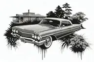 Incorporate a 1964 Buick Rivera into a rooftop landscape scene tattoo design idea