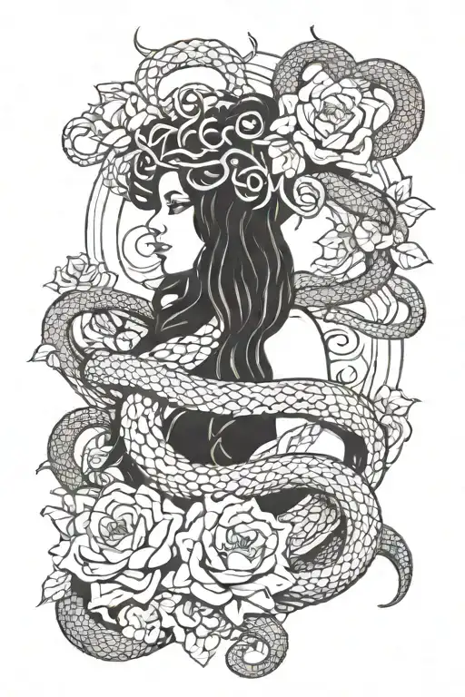 Medusa the Greek goddess surrounded by a snake with flowers tattoo design idea