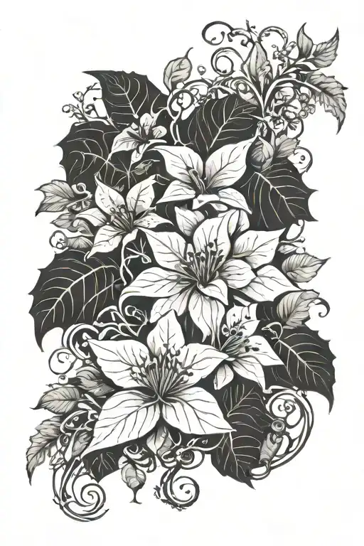Poison Ivy Vines with Black Lotus Flowers intertwined  tattoo design idea
