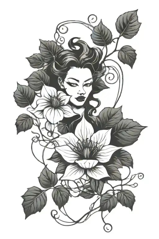 Poison Ivy Vines with Black Lotus flowers intertwined tattoo design idea